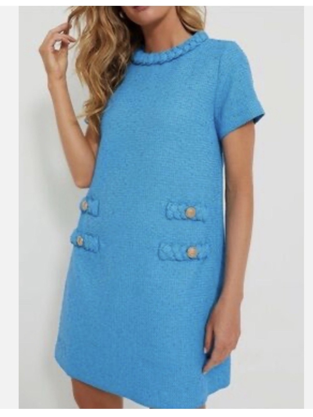 Tuckernuck Jackie Short Sleeve Tweed Dress in Malibu Blue XS